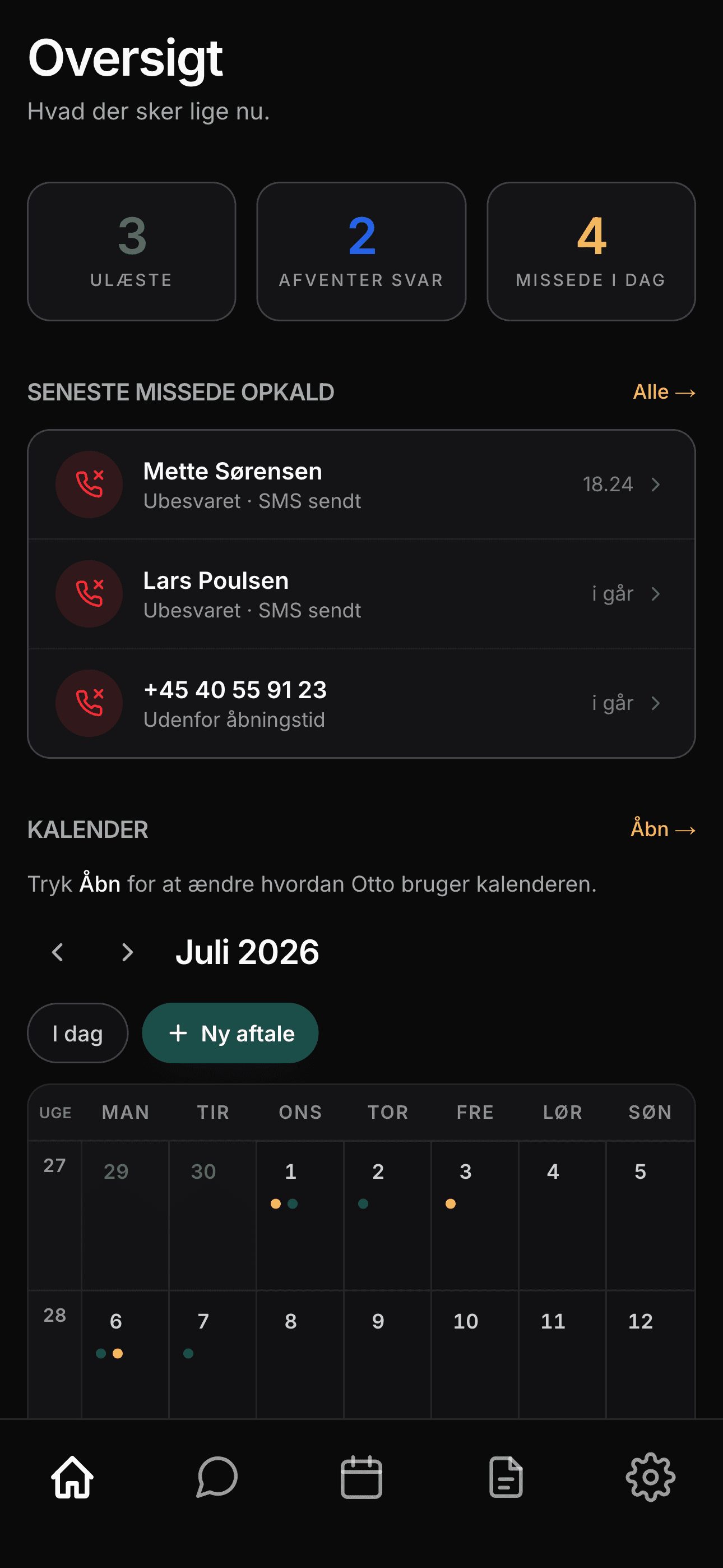 Skærmbillede fra appen: overblik over samtaler, missede opkald og hvem der venter