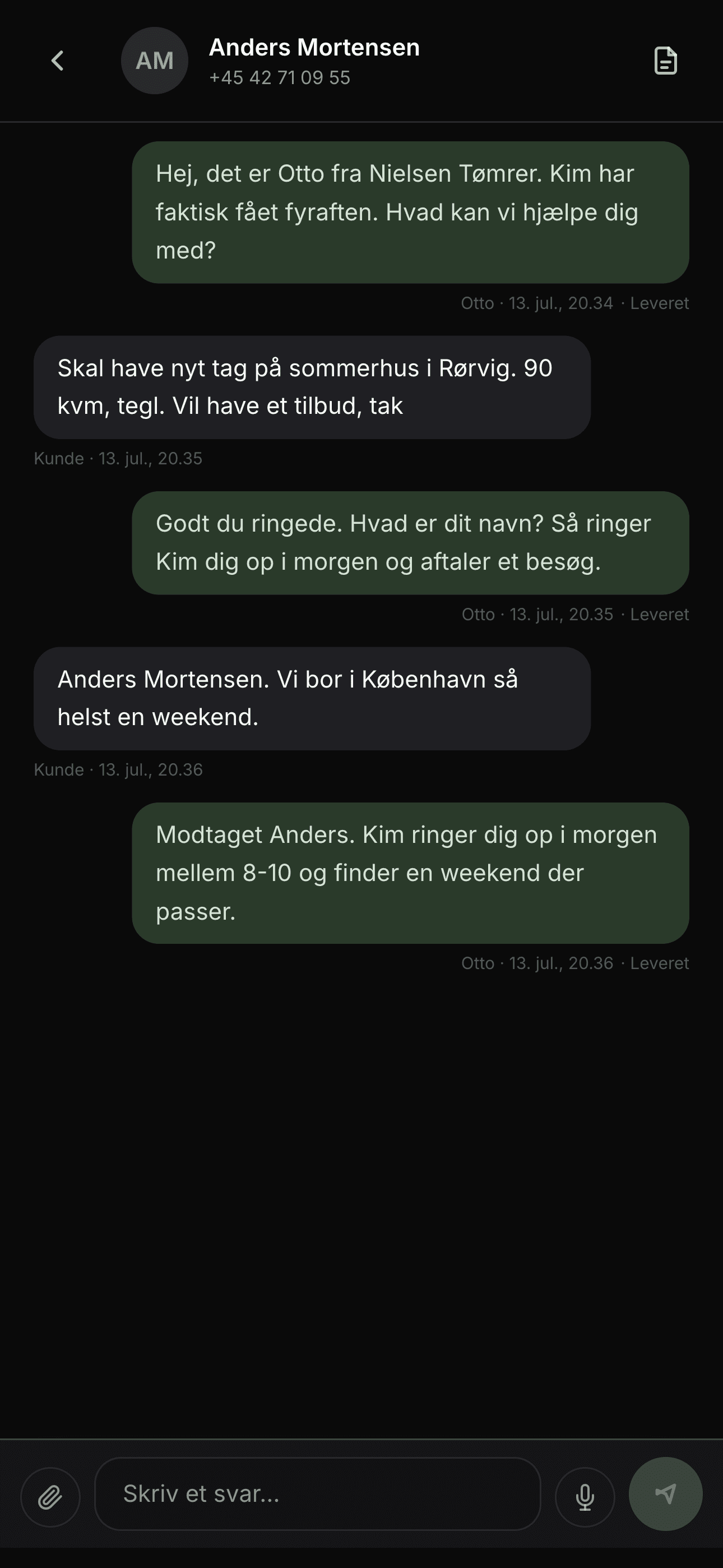 Skærmbillede fra appen: Otto svarer en kunde på SMS