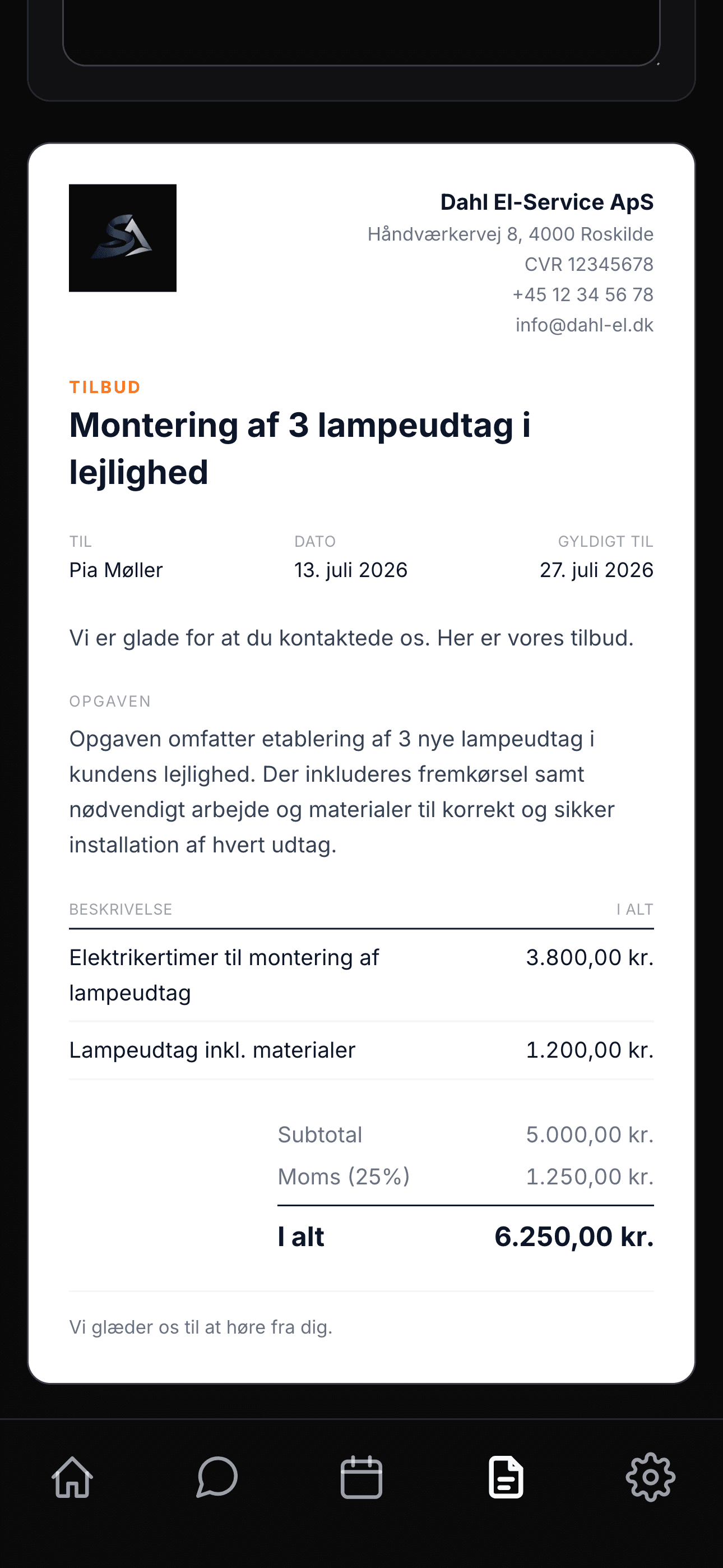 Skærmbillede fra appen: automatisk genereret tilbud klar til at sende