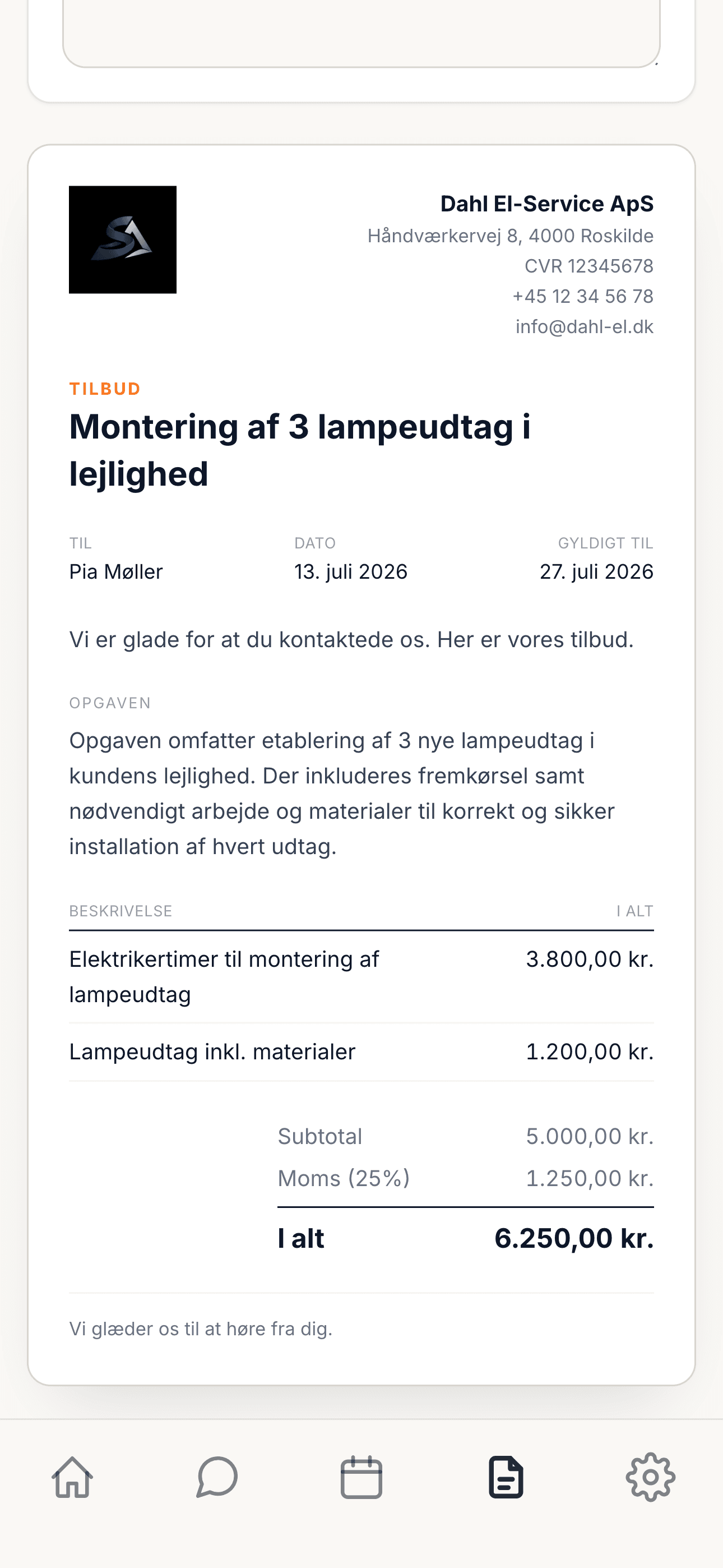 Skærmbillede fra appen: automatisk genereret tilbud klar til at sende